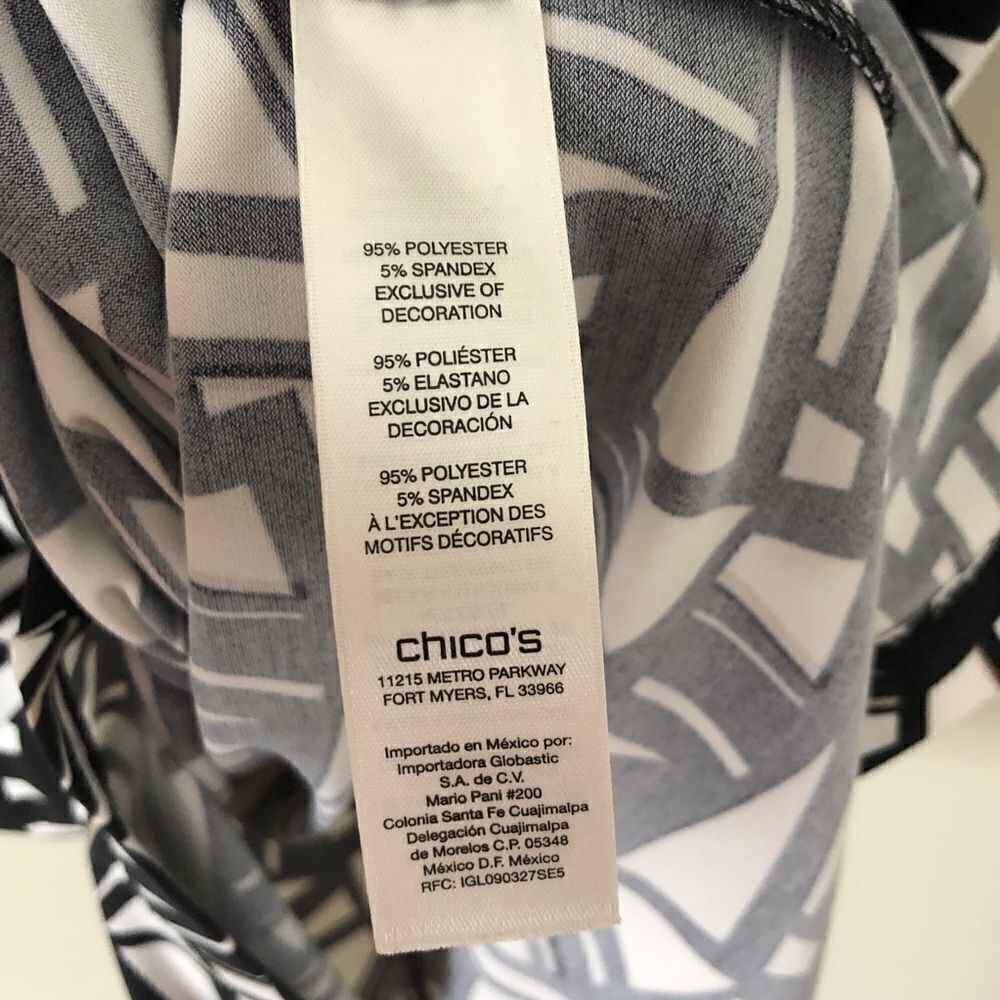 Chico’s Black/White Abstract Pattern‎ Faux Leather Trim Shift Dress Size Small - Picture 12 of 13